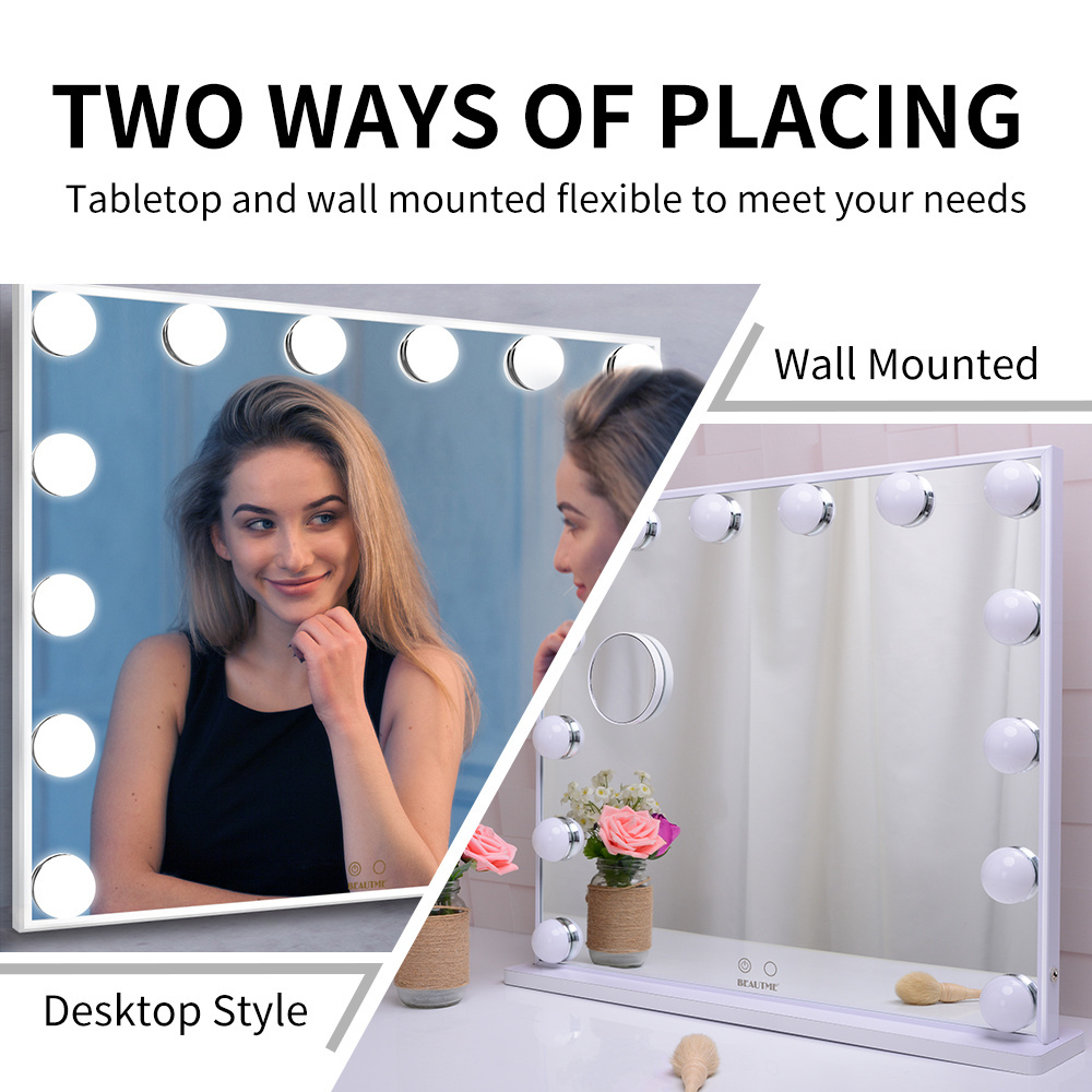 Hollywood Bedroom Table Make up Mirror Lighted Vanity Mirror With 10X Magnet Magnifying Mirror with 14 Dimmable LED Bulbs