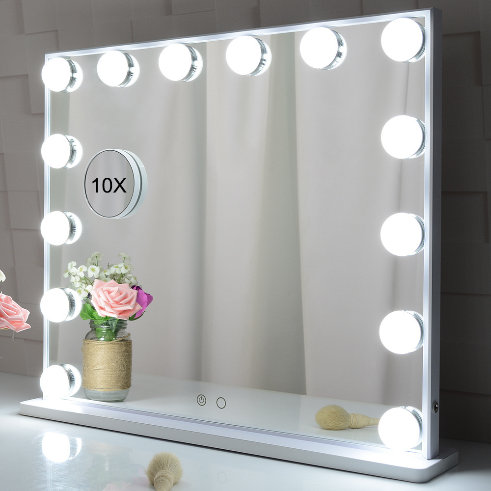 Hollywood Bedroom Table Make up Mirror Lighted Vanity Mirror With 10X Magnet Magnifying Mirror with 14 Dimmable LED Bulbs