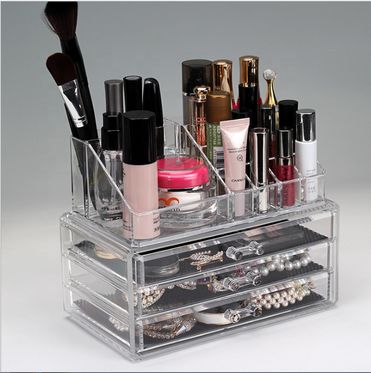 Large Capacity Easy Carry 3 Tier Cosmetic Organizer Holder Case Acrylic Storage Box Makeup Boxes for Bedroom