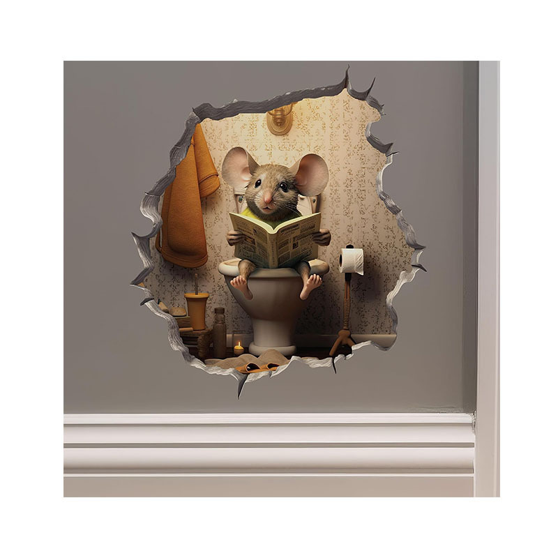 Mouse Sitting on Toilet in Mouse Hole Decal Mouse Hole 3D Wall Sticker Wallpaper Murals for Nursery Room Toilet Fridge Kitchen