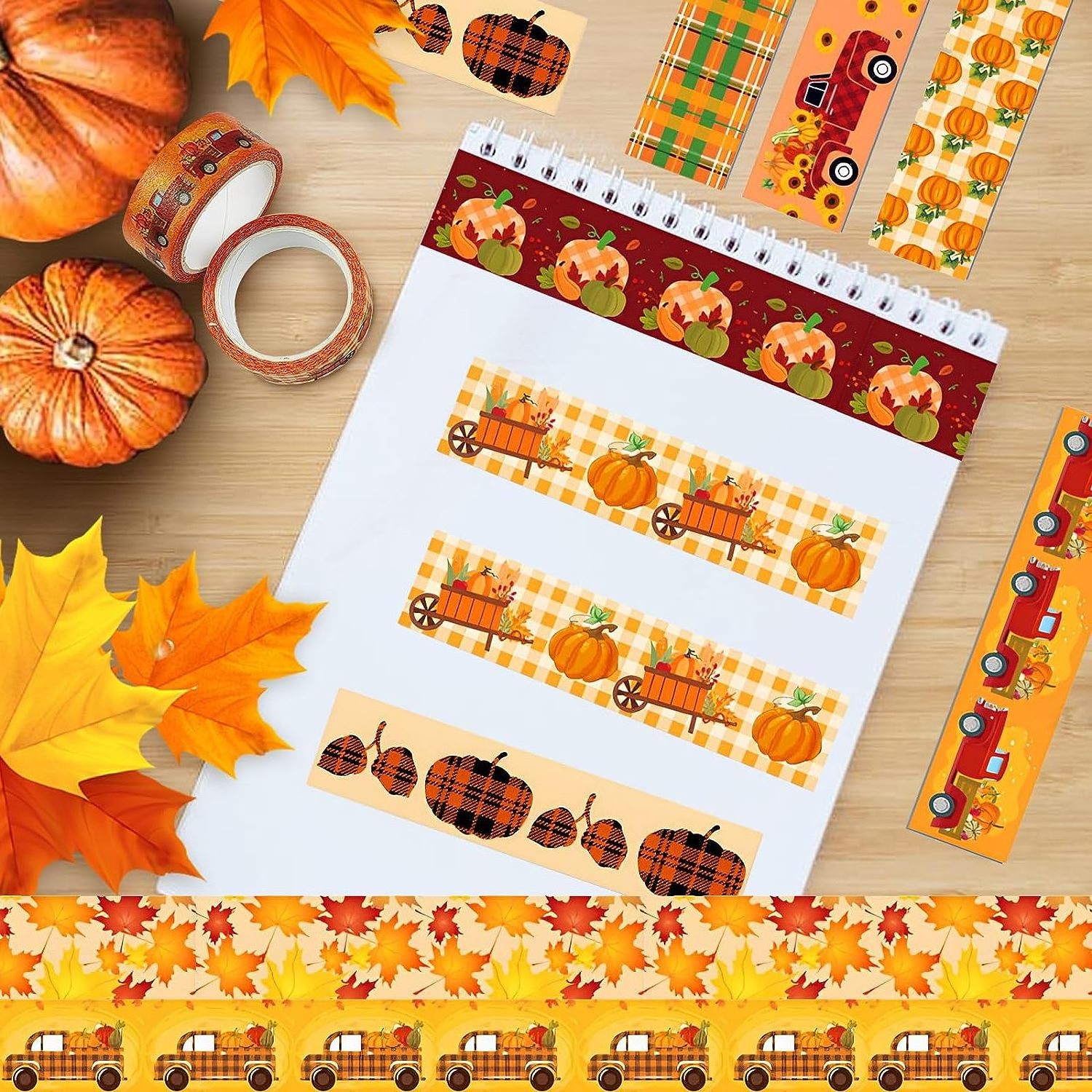 Autumn Pumpkin Truck Maple Leaves Buffalo Plaid Washi Masking Tape Stickers for Gift Wrapping Journals DIY Crafts Decorative