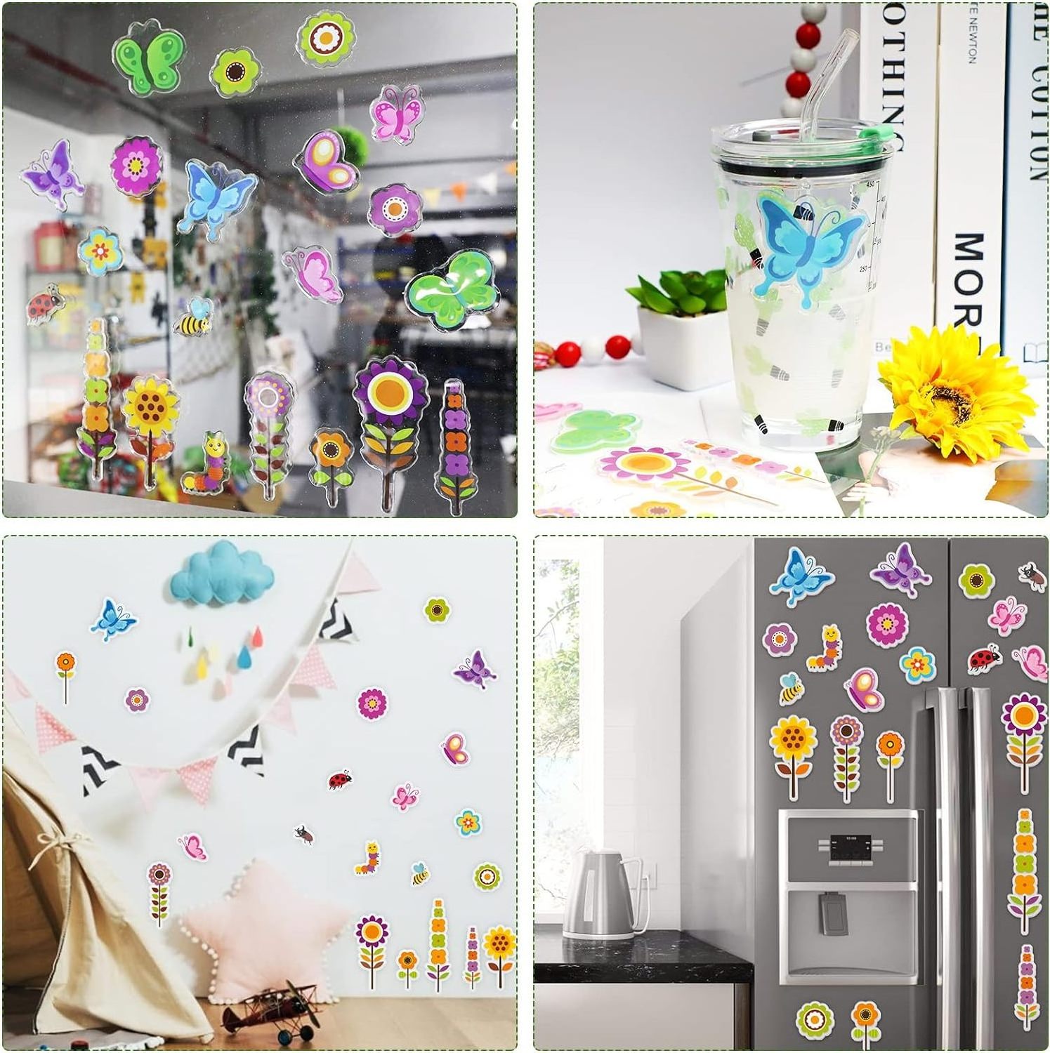 Spring Flowers Thick Gel Clings Butterfly Window Gel Clings Decals Stickers for Kids Toddlers and Adults