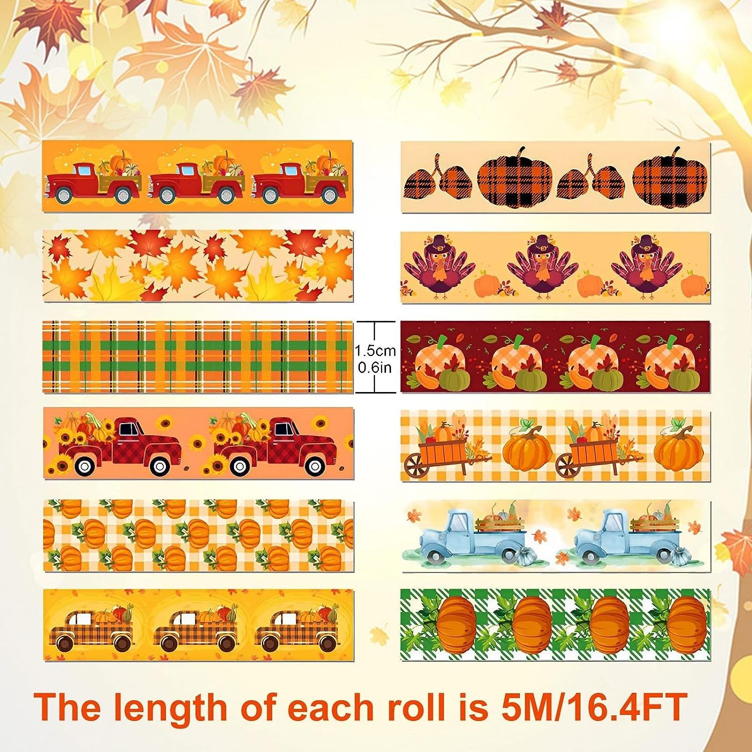 Autumn Pumpkin Truck Maple Leaves Buffalo Plaid Washi Masking Tape Stickers for Gift Wrapping Journals DIY Crafts Decorative