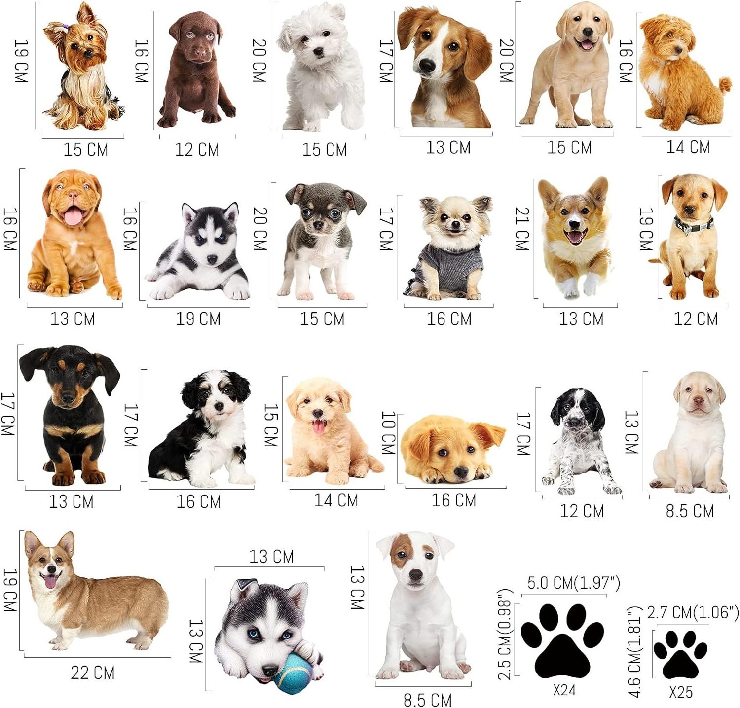 Dogs and Paws Wall Decals Realistic 3D Dog Stickers Dog Prints Decals Paws Vinyl Wall Stickers for Kids Boy Girl Baby Bedroom