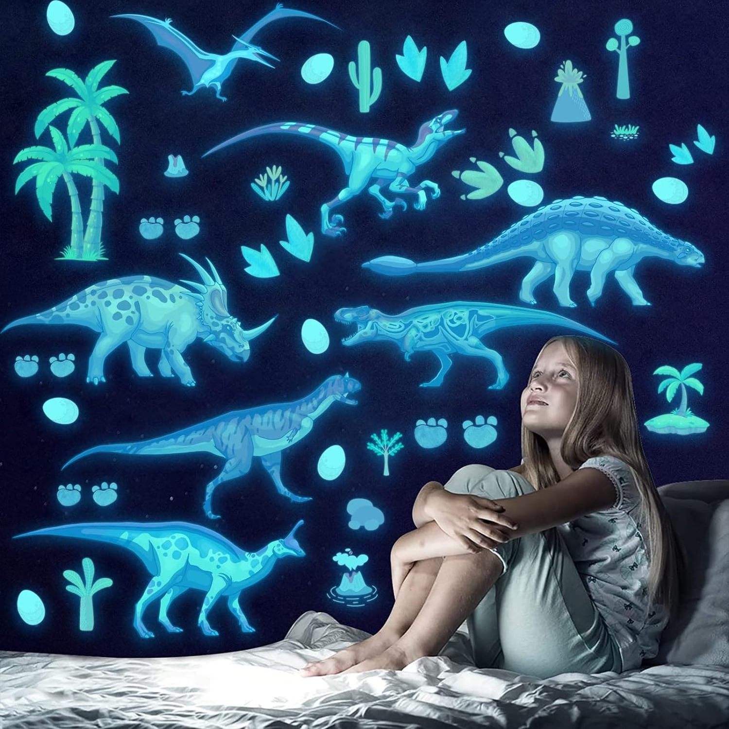 Glow in The Dark Dinosaur Wall Decals Glowing Adhesive Stickers for Ceiling Luminous Sticker for Kids