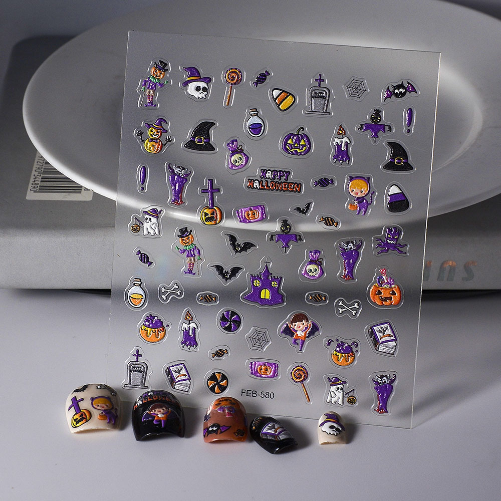 Girl's 5D Halloween Nail Sticker Self Adhesive Pumpkin Skull Tomb Bat Potion Nail Art Sliders Decals Decorations