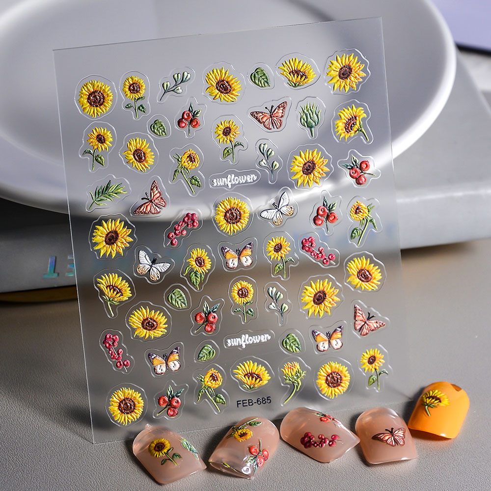 5D Sunflower Stickers For Nail Decals Yellow Flowers Embossed Floral Design Adhesive Slider DIY Nail Stickers Custom