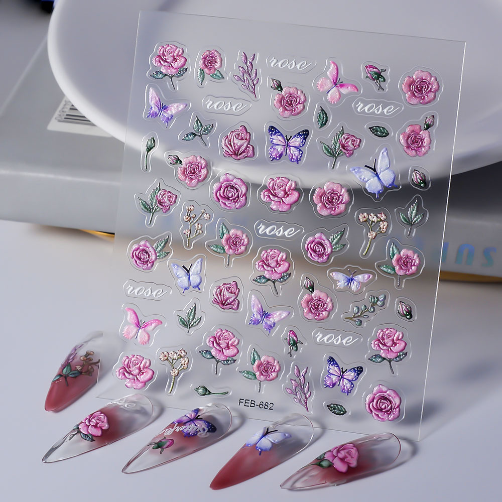 Embossed 5D Adhesive Nail Art Sticker Flower Rose Butterfly Nail Art Stickers Customized DIY Decals for Nail