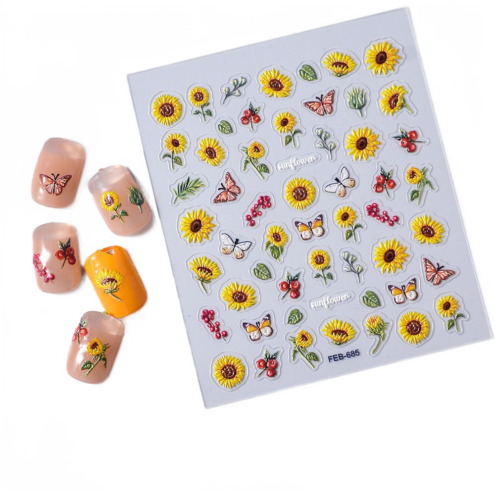 5D Sunflower Stickers For Nail Decals Yellow Flowers Embossed Floral Design Adhesive Slider DIY Nail Stickers Custom