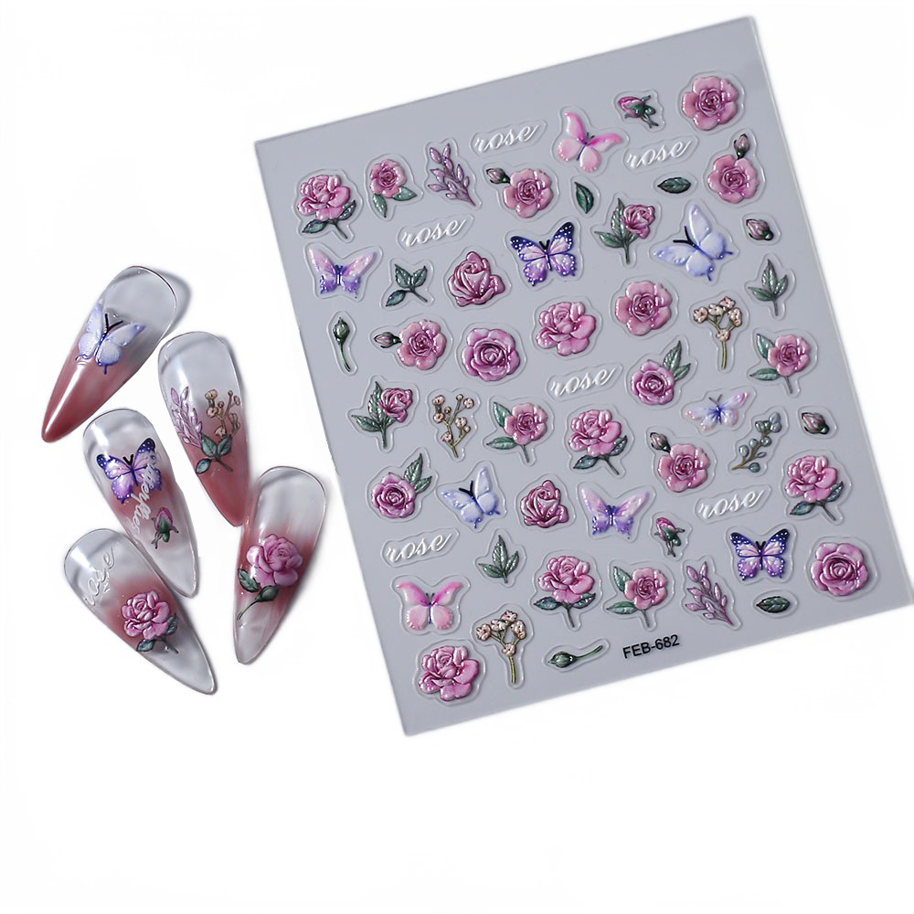 Embossed 5D Adhesive Nail Art Sticker Flower Rose Butterfly Nail Art Stickers Customized DIY Decals for Nail