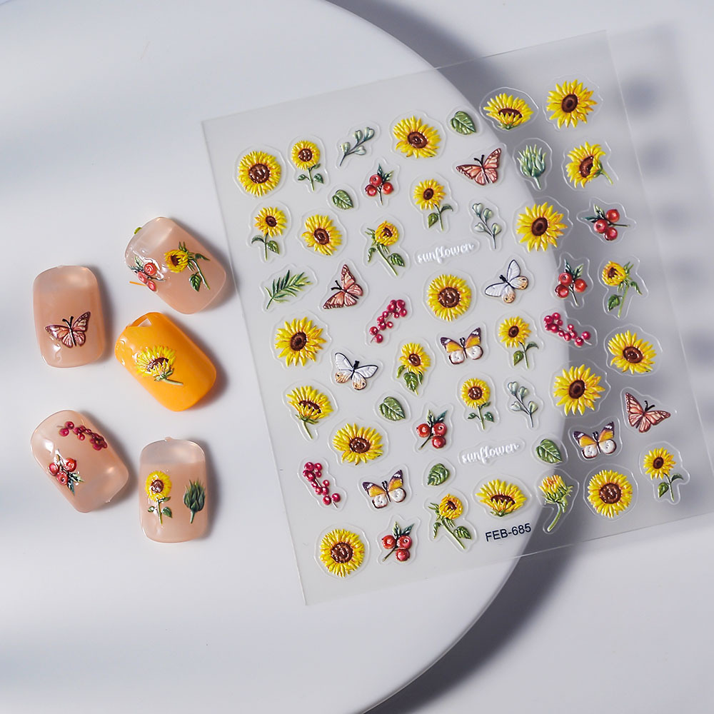 5D Sunflower Stickers For Nail Decals Yellow Flowers Embossed Floral Design Adhesive Slider DIY Nail Stickers Custom