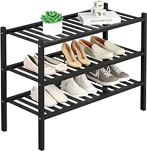 Shoe Rack 3-Tier Metal Stackable Shoe Shelf Storage Organizer Shoe Stand for Closet Entryway (Black)