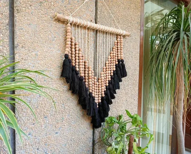 Eco-friendly Home Decor Mini Woven Bamboo Wooden Woven Art New Design Cotton Bohemian Wall Art Home Decor