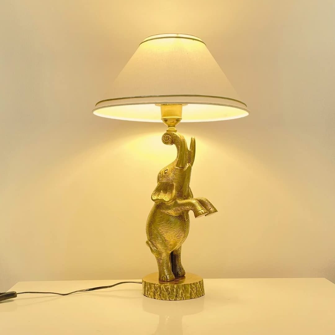 Solid Elephant Sculpture Aluminum Metal Table Lamp With Fabric Shade Handmade Customized Gold Plated Metal Decorative Night Lamp