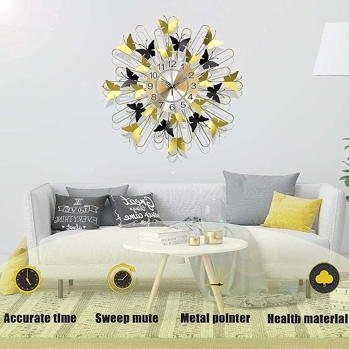 Creative Butterfly Wall Clock Silent Non-Ticking Watch Decorative Large Metal Wall Clock for Restaurant Decoration Blue