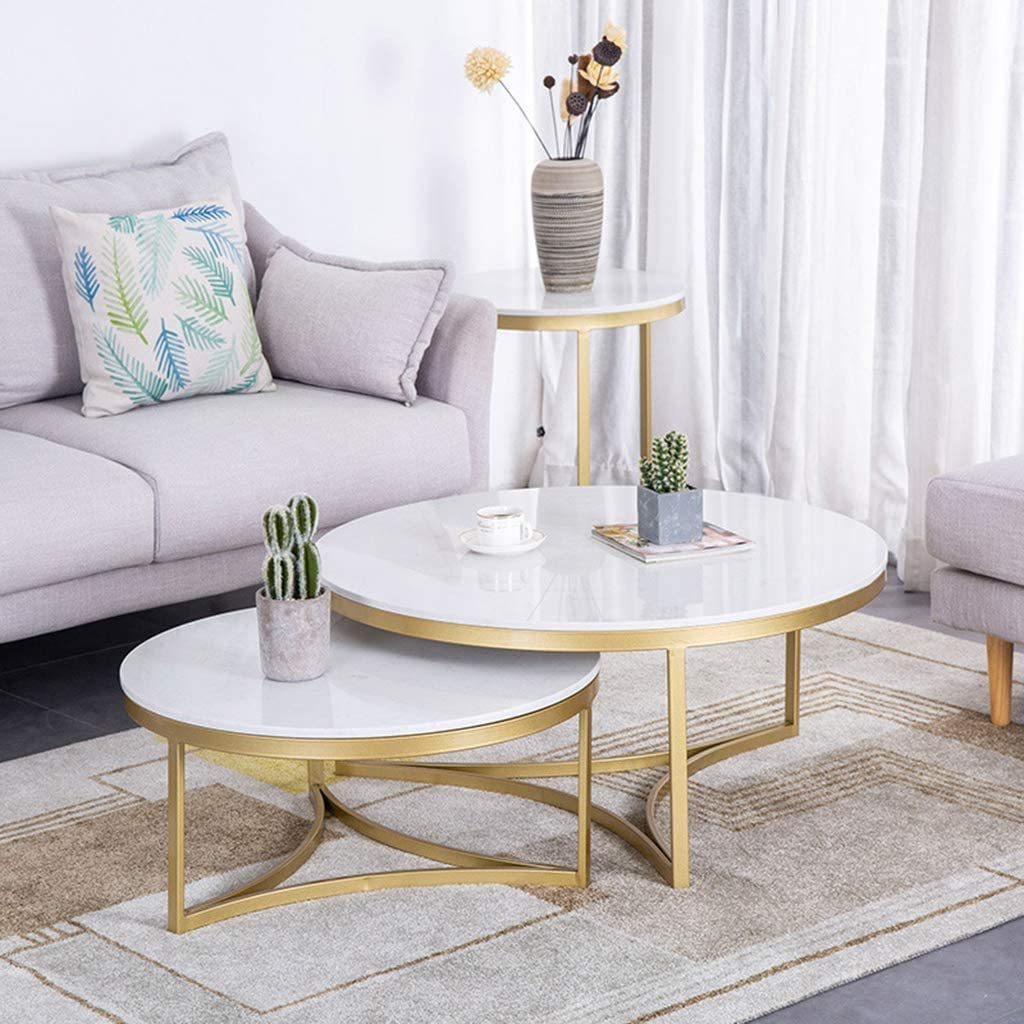 Gold Powder Metal Base Round Sofa Side Nesting Modern Tables Two Pieces Set Marble Top Premium Quality Nesting Furniture Table