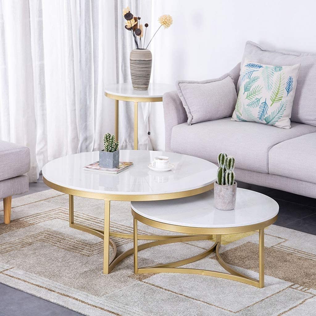 Gold Powder Metal Base Round Sofa Side Nesting Modern Tables Two Pieces Set Marble Top Premium Quality Nesting Furniture Table