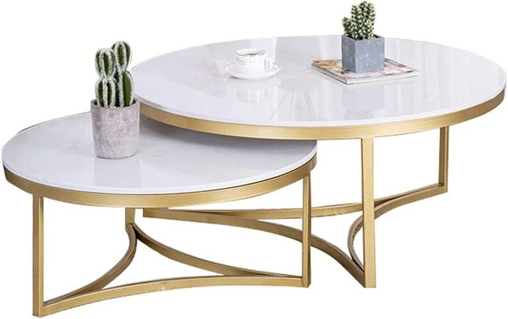 Gold Powder Metal Base Round Sofa Side Nesting Modern Tables Two Pieces Set Marble Top Premium Quality Nesting Furniture Table