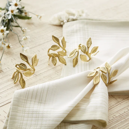 Casted Metal Leaves Design Napkin Rings Set Of Six Pieces Gold Powder Coated Unique Table Tissue Roll Holder Cloth Napkin Rings