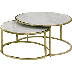 Gold Powder Metal Base Round Sofa Side Nesting Modern Tables Two Pieces Set Marble Top Premium Quality Nesting Furniture Table