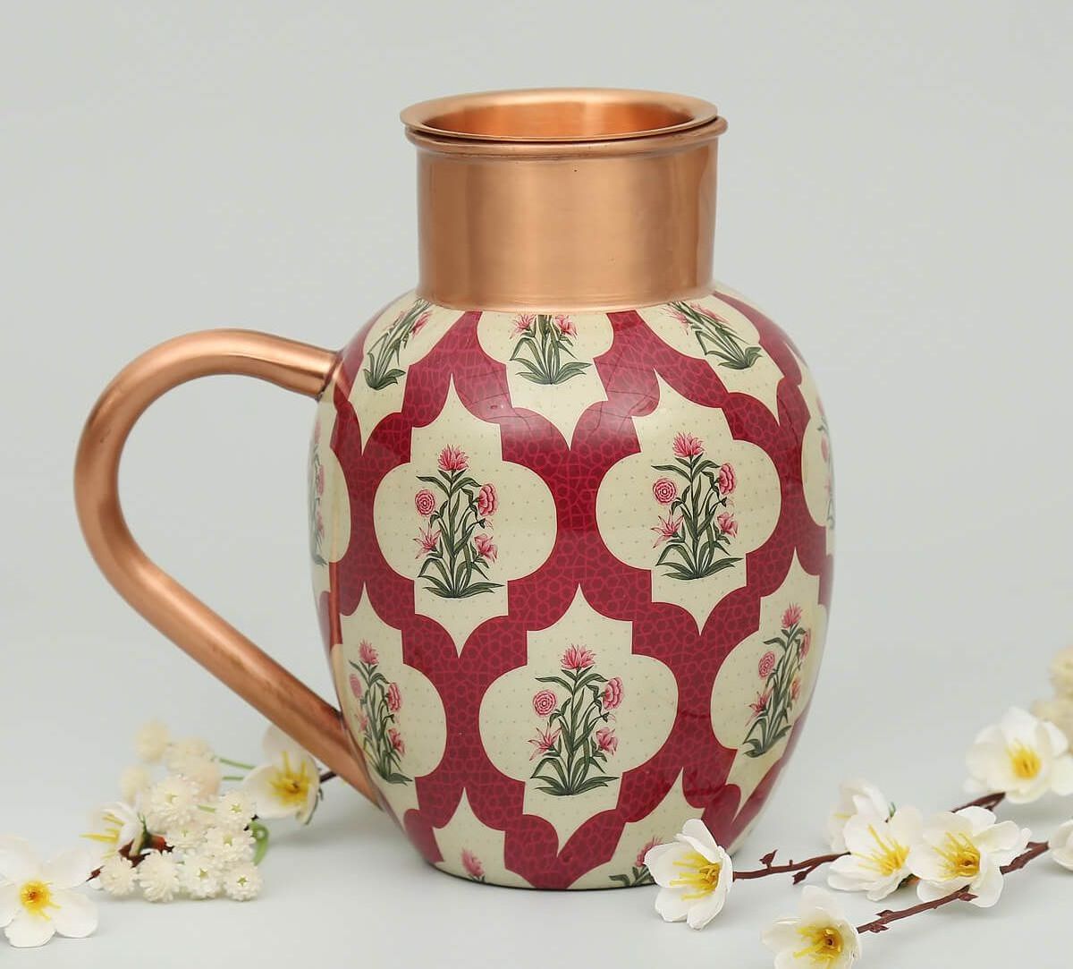 Stocked Pure Copper Pitcher Water Jug Drinking Red Flower Style For Several Use In Wedding And Occasions For Export