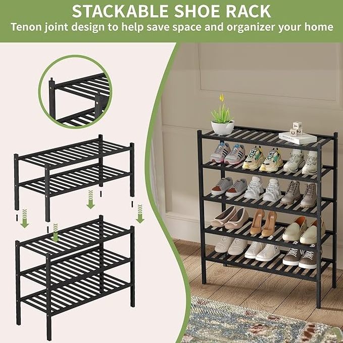 Shoe Rack 3-Tier Metal Stackable Shoe Shelf Storage Organizer Shoe Stand for Closet Entryway (Black)