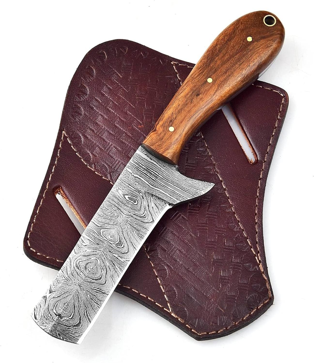 Hot selling Custom Handmade Damascus Steel Bull Cutter Knife Cowboy Skinner knife With Leather Sheath full tang knife