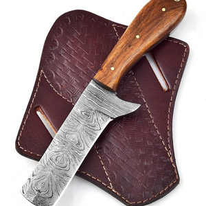 Hot selling Custom Handmade Damascus Steel Bull Cutter Knife Cowboy Skinner knife With Leather Sheath full tang knife