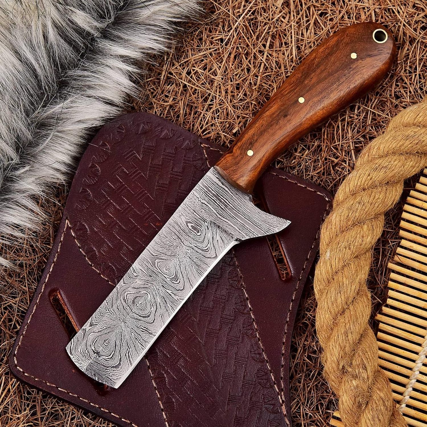 Hot selling Custom Handmade Damascus Steel Bull Cutter Knife Cowboy Skinner knife With Leather Sheath full tang knife