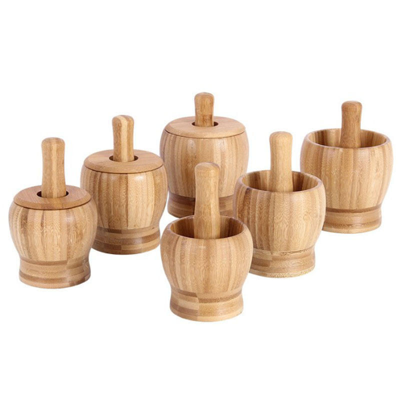 Manual Multifunctional Fruit and Vegetable Tool Bamboo Wooden Garlic Masher Ginger Spices Pestle Press Grinder with Bowl