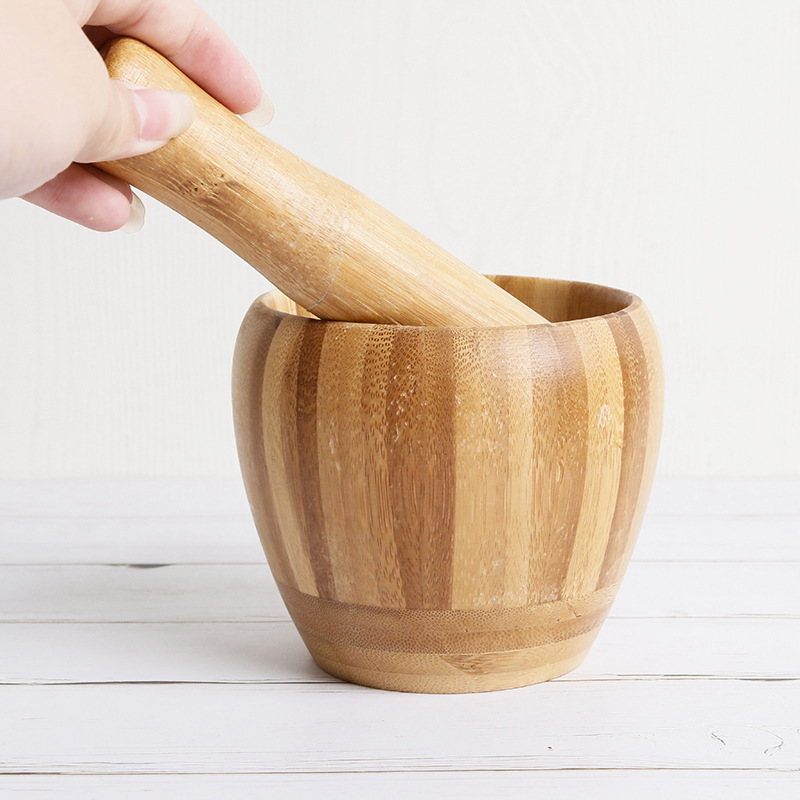 Multifunctional Manual Bamboo Wooden Garlic Masher Spices Pestle Press Grinder Bowl for Fruit & Vegetable for Ginger & Garlic