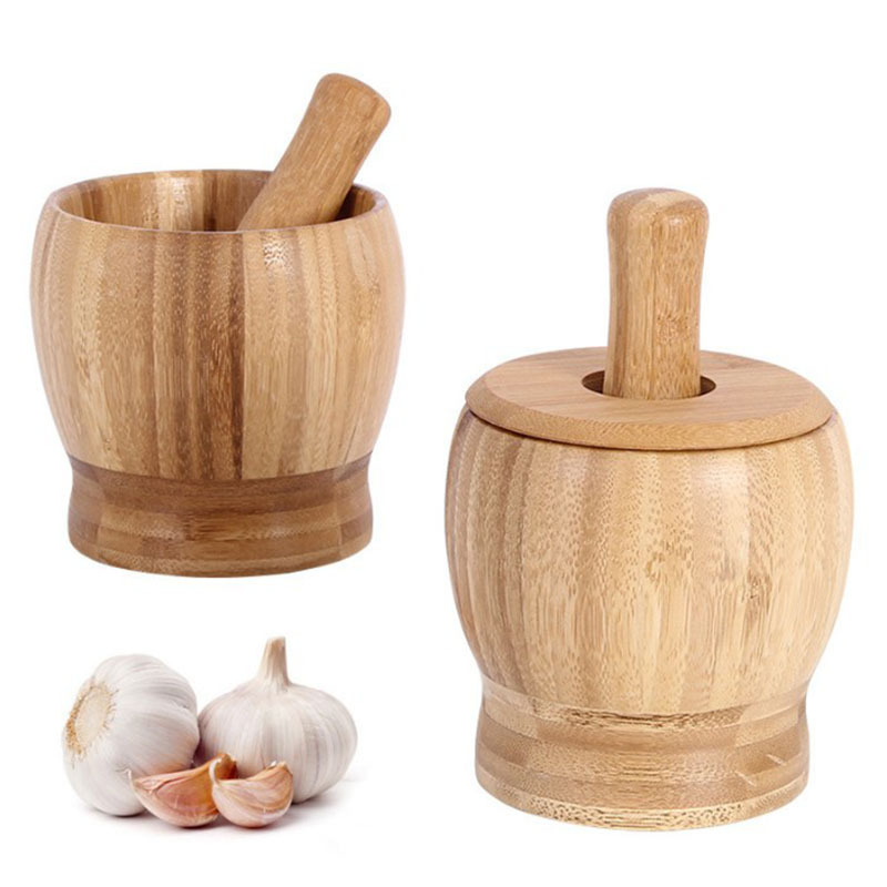 Manual Multifunctional Fruit and Vegetable Tool Bamboo Wooden Garlic Masher Ginger Spices Pestle Press Grinder with Bowl