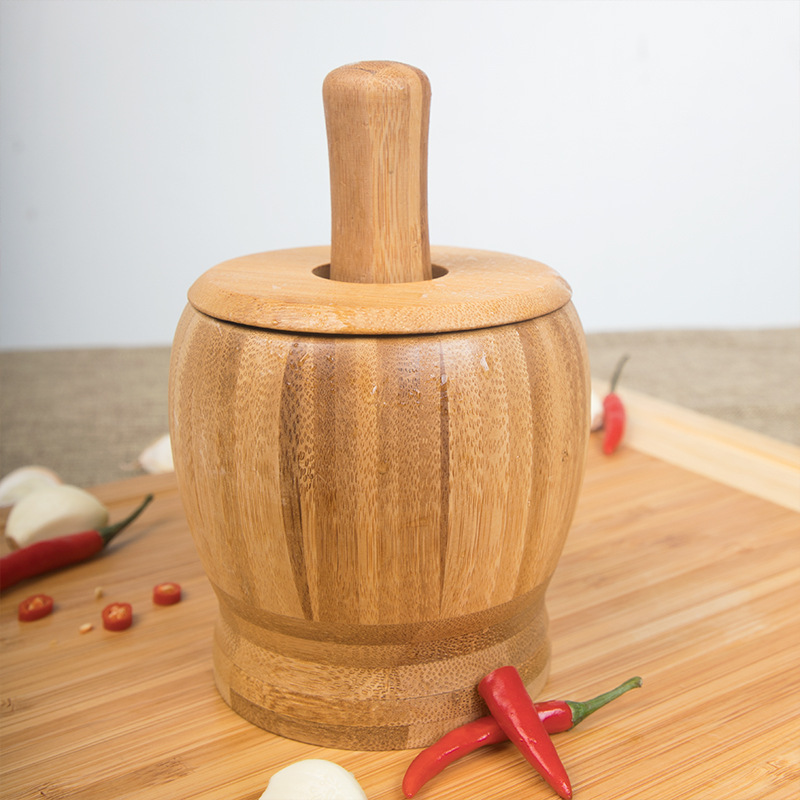 Manual Multifunctional Fruit and Vegetable Tool Bamboo Wooden Garlic Masher Ginger Spices Pestle Press Grinder with Bowl