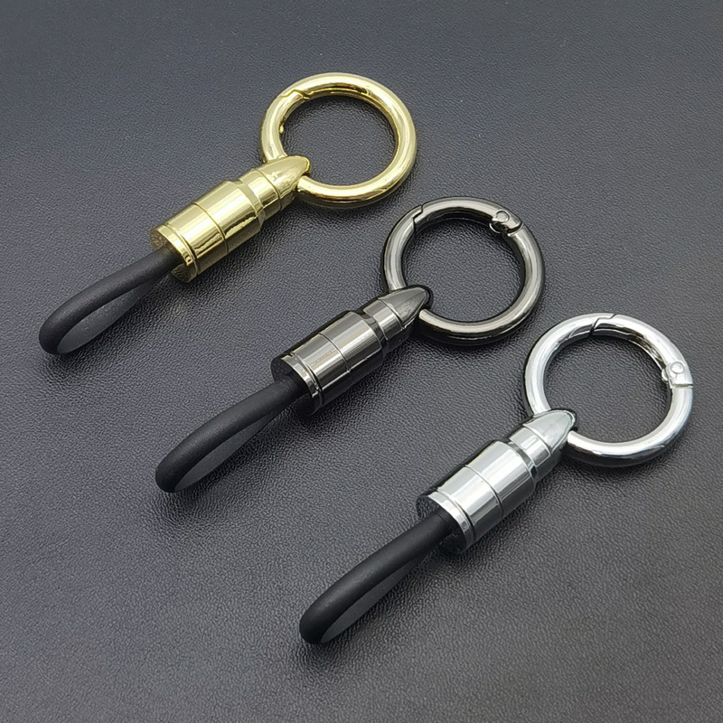 Business Gift Luxury Men Car Gold Silver Nickel Keyring Metal Bullet Keychain With Silicone Rope