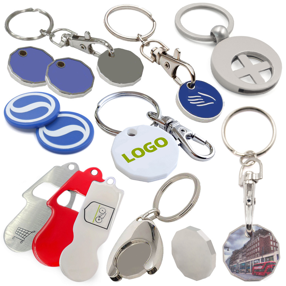 Custom logo metal key supermarket shopping cart chips token keyring canada uk trolley coin keychain for shopping carts