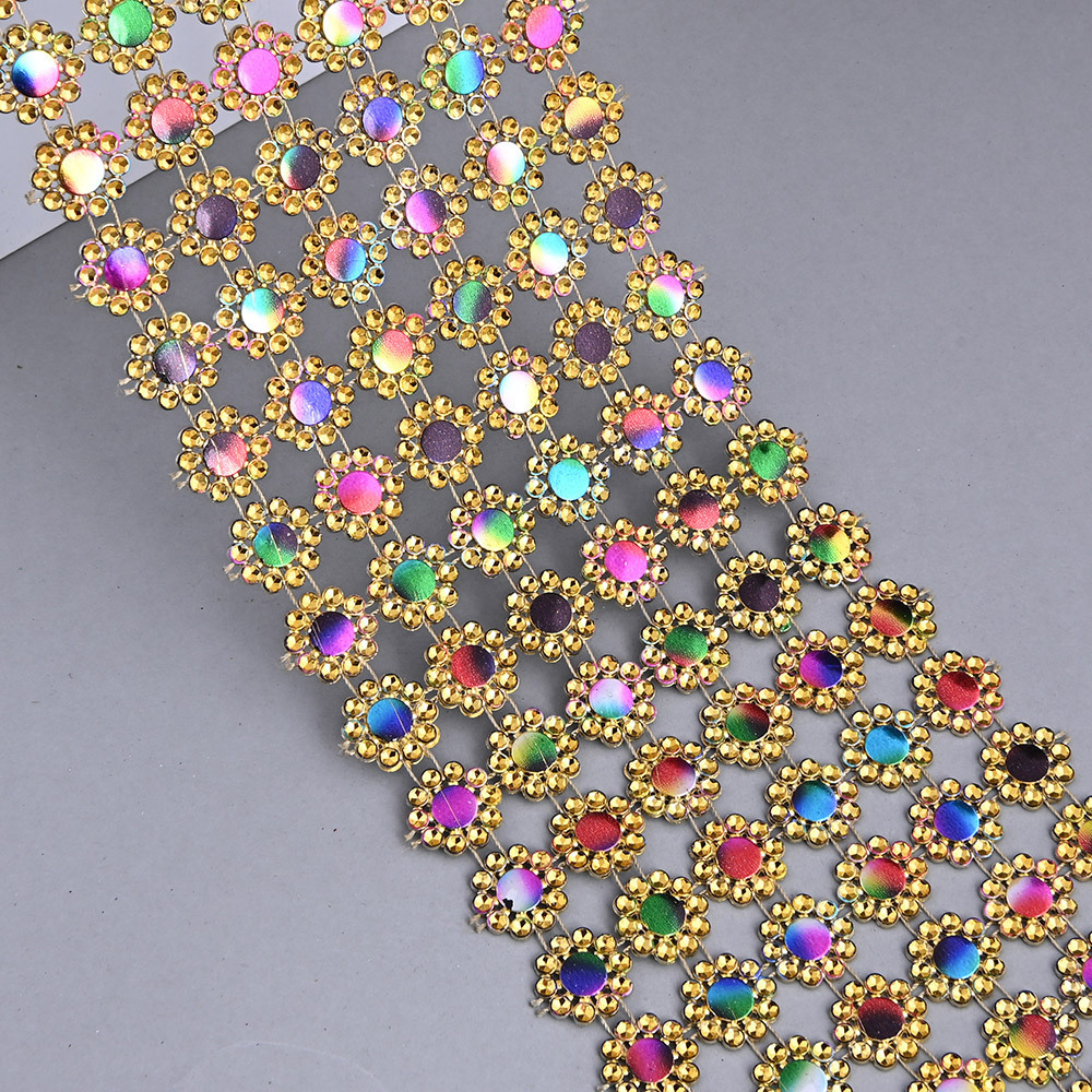 8-Row Rainbow Rhinestone Diamond Mesh Ribbon Wrap Crystal Glass Chain for Decoration