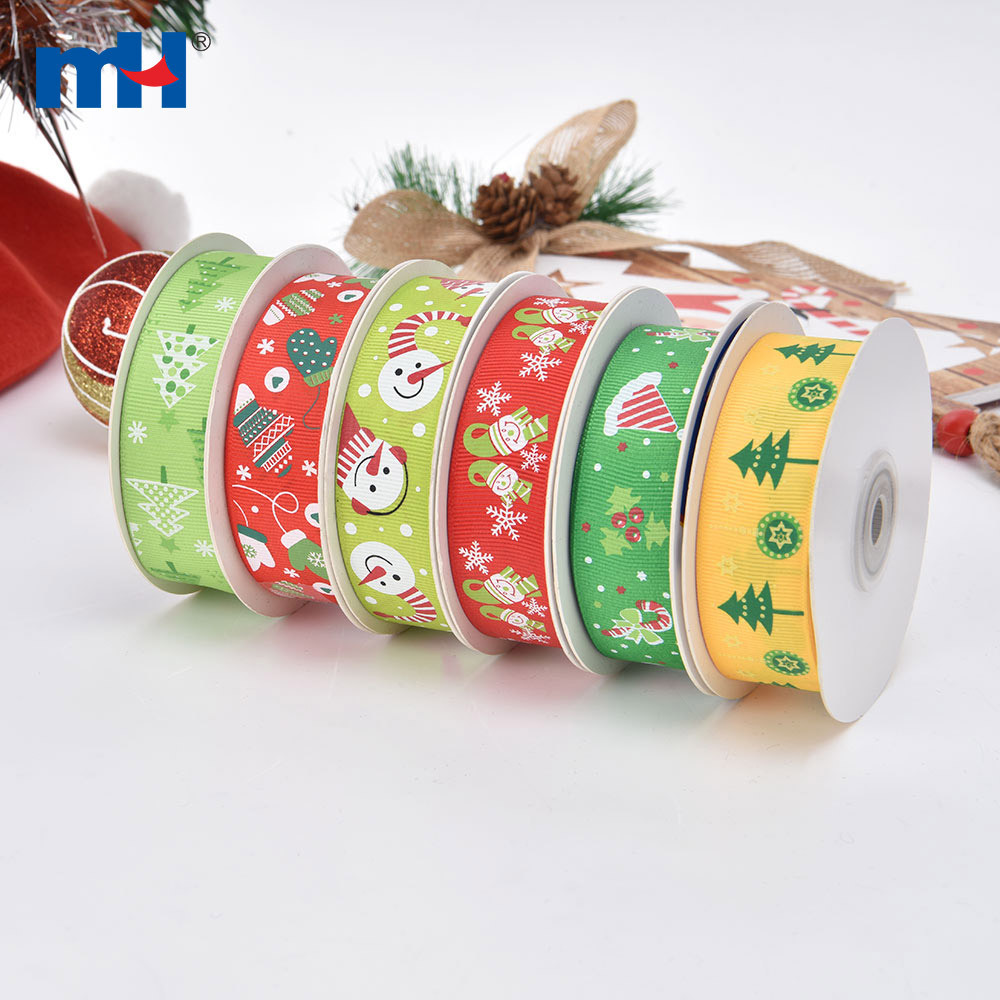 25mm Polyester Silk Screen Christmas Pattern Printing Grosgrain Ribbon for Shaping Hair Bows