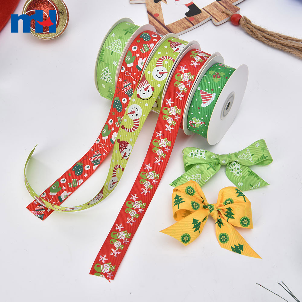 25mm Polyester Silk Screen Christmas Pattern Printing Grosgrain Ribbon for Shaping Hair Bows