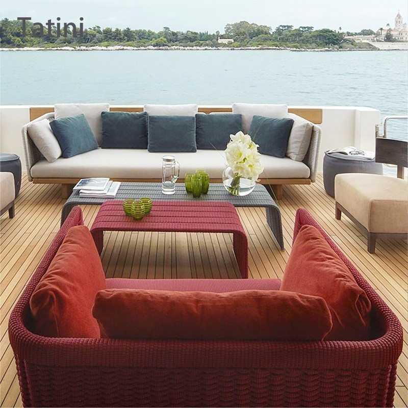 Outdoor Garden Hot Sale Rattan Rope braiding Sofa set patio waterproof teak coffee table modular furniture