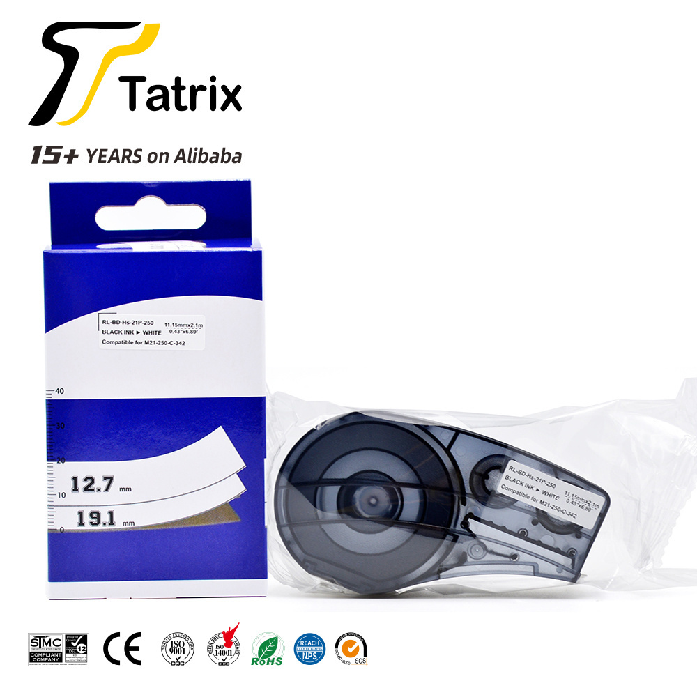 Tatrix M21-250-C-342 Black on white polyolefin Compatible Label Tape Cartridge for brady for BMP21 PLUS Label Printer tape