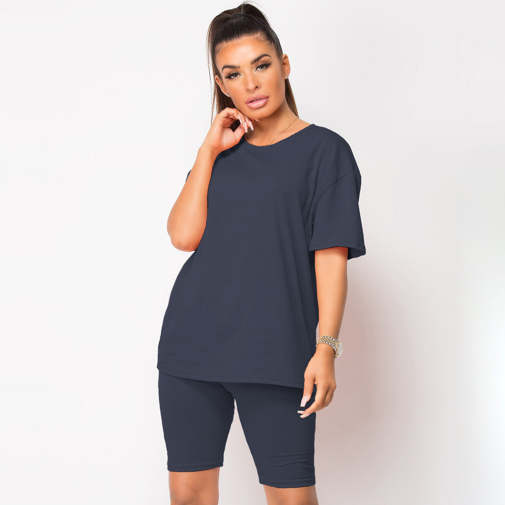 New Design Summer Women's Plus Size Short Sleeve T shirt & Drawstring Knee Length Biker Shorts two Pieces Set