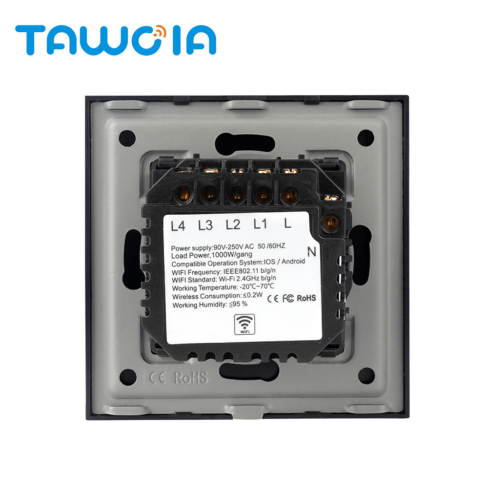 TAWOIA Soft Touch 4 Gang Toughened Glass 86MM European Standard Finger Touch 4 Gang WIFI Switch for Smart Home