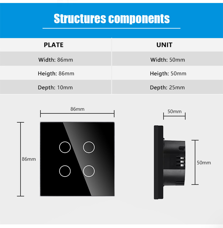 TAWOIA Soft Touch 4 Gang Toughened Glass 86MM European Standard Finger Touch 4 Gang WIFI Switch for Smart Home