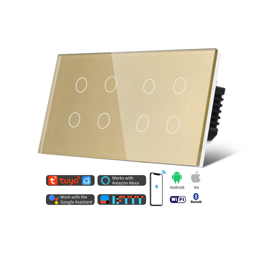 TAWOIA 157mm Double Glass Panel Smart Touch 8 Gang Switch Home Interior Tuya Support No Neutral Wifi 4 Gang Double Switch For EU