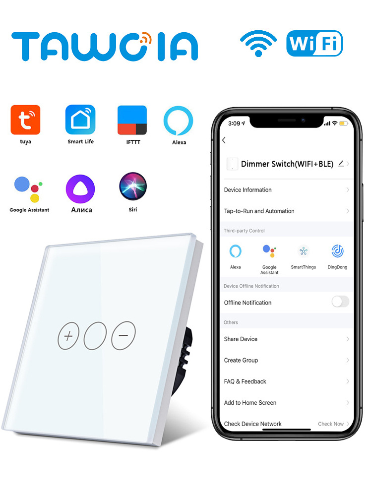 TAWOIA CE ROHS Certification WIFI Dimmer Switch Home Automation System smart dimmer switch