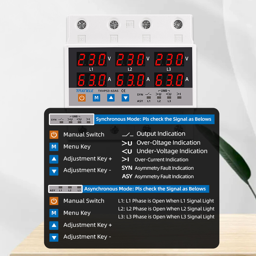 3 Phase SYN ASYNC Synchronous Asynchronous Voltmeter Adjustable Over Under Voltage Current Limit Protection Relays Protector