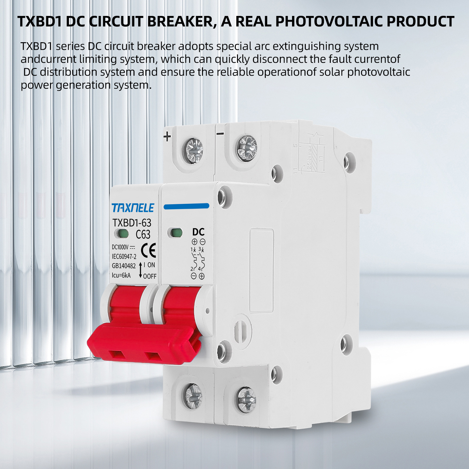 2P DC 1000V Solar Mini Circuit Breaker Battery Switch 6A 10A 16A 20A 25A 32A 40A 50A 63A DC MCB for Photovoltaic PV System