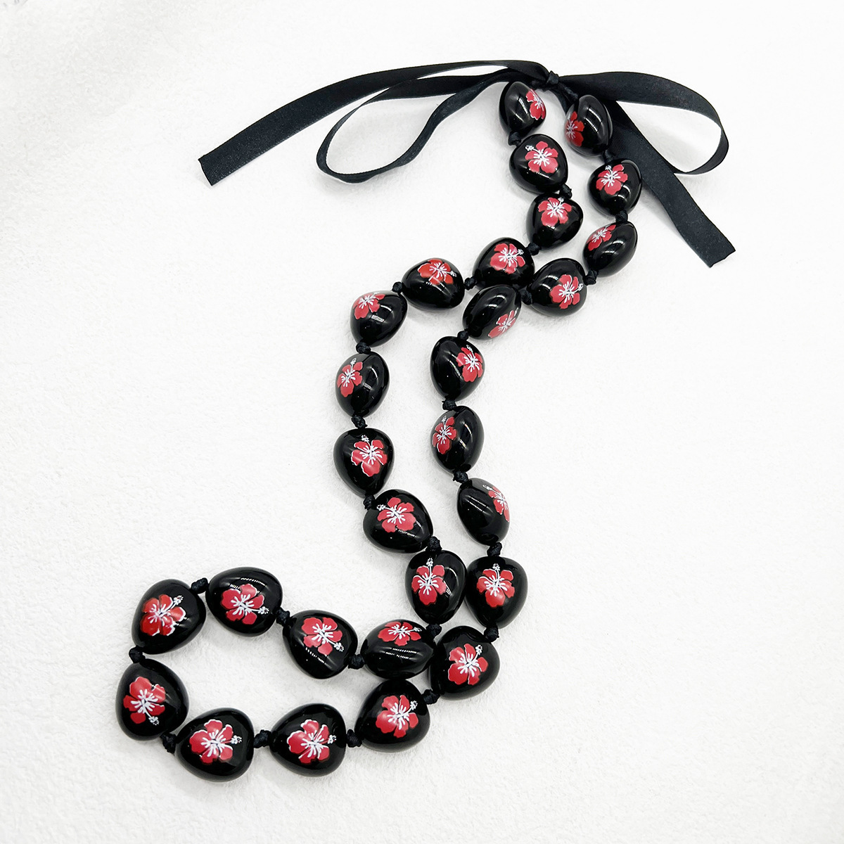 Custom Pink and Black Hibiscus Painted Kukui Nut Lei Graduation Necklaces and Bracelets