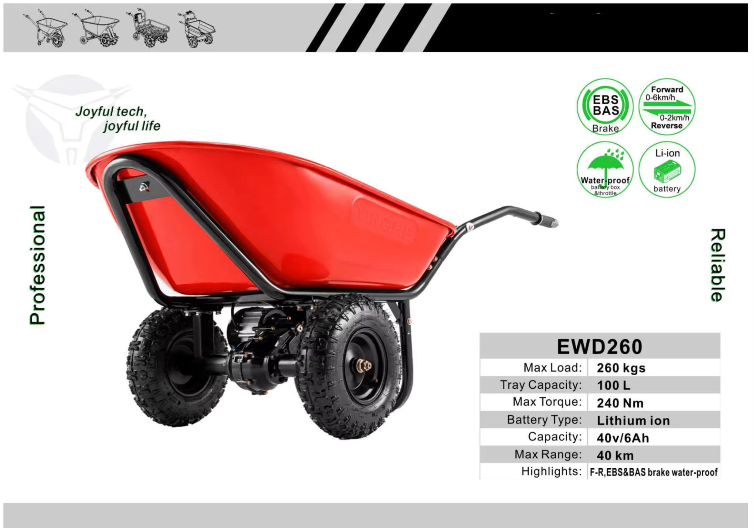 Easy Grip 260kg Trolley Transporting Handles Electric Dumper EWD260 Compact Wheelbarrows