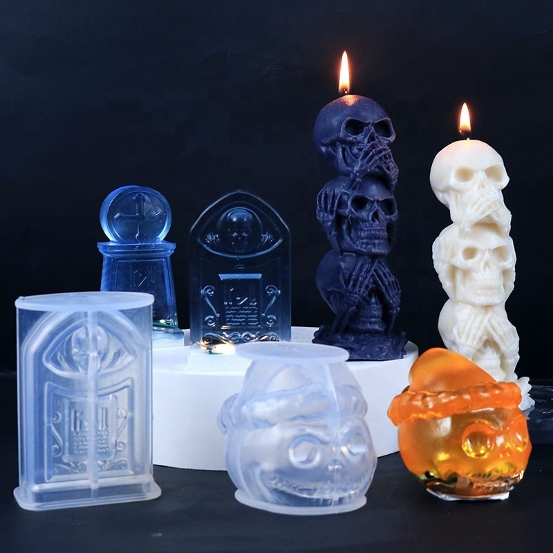 DM311 Halloween Ghost Pumpkin Lantern Skeleton Concrete Tombstone Headstone Scented Soap Candle Silicone Mold